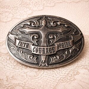 Men's Silver Belt Buckle with Cross Design Faith Christian Americana Patriotic